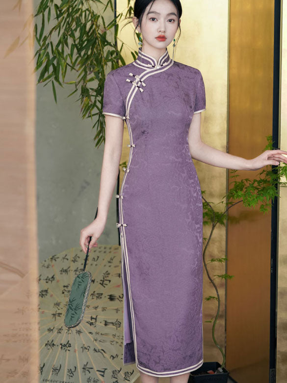 Purple Jacquard Silk Long Cheongsam Qipao Dress