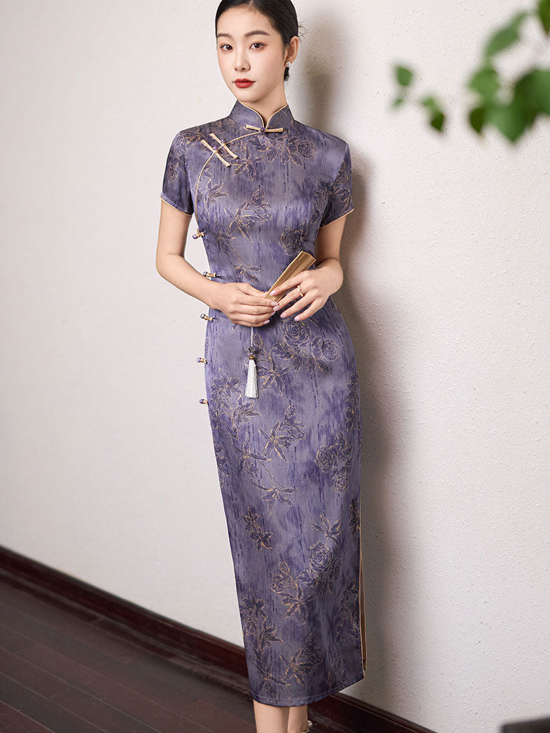Purple Jacquard Silk Long Cheongsam Qipao Dress
