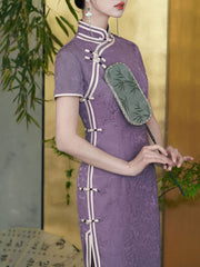 Purple Jacquard Silk Long Cheongsam Qipao Dress