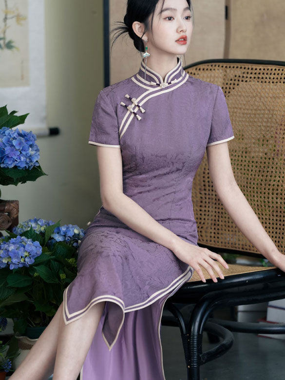 Purple Jacquard Silk Long Cheongsam Qipao Dress