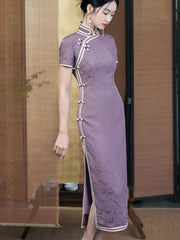 Purple Jacquard Silk Long Cheongsam Qipao Dress