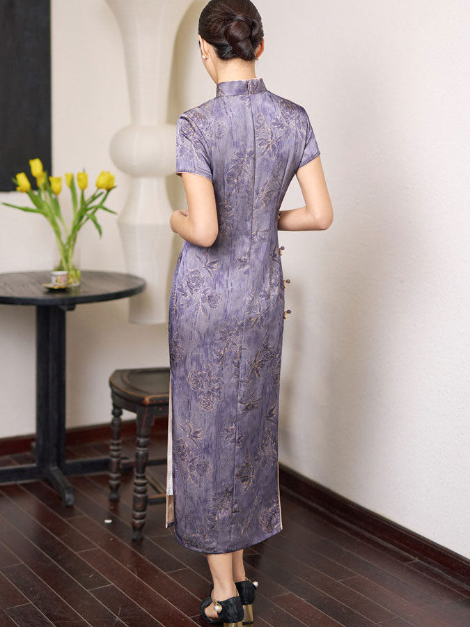 Purple Jacquard Silk Long Cheongsam Qipao Dress