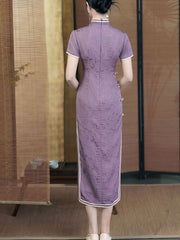 Purple Jacquard Silk Long Cheongsam Qipao Dress