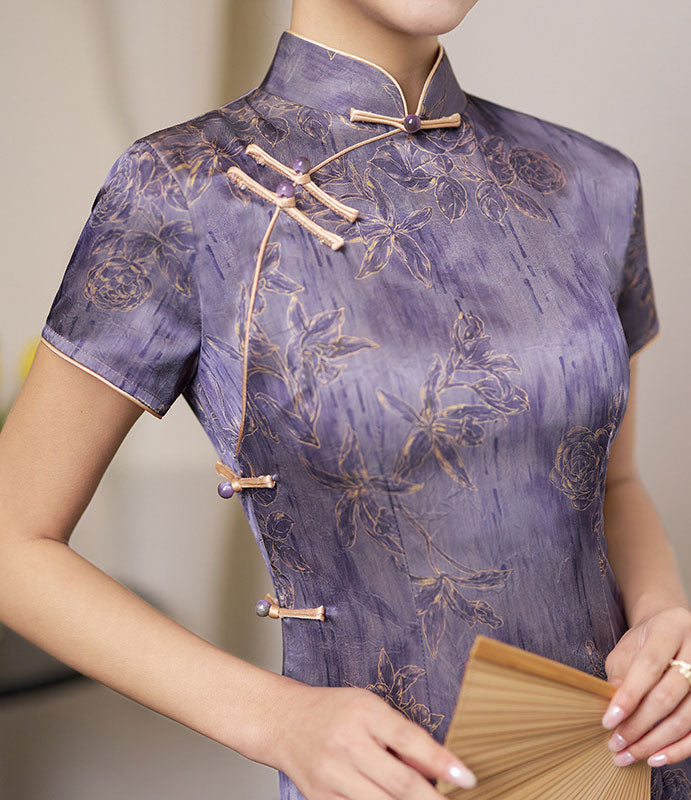 Purple Jacquard Silk Long Cheongsam Qipao Dress