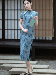 Blue Floral Print Midi Cheongsam Qipao Dress