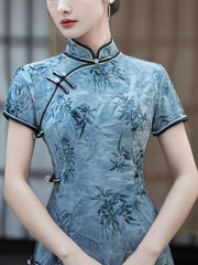 Blue Floral Print Midi Cheongsam Qipao Dress