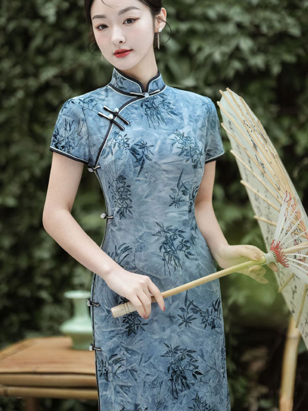 Blue Floral Print Midi Cheongsam Qipao Dress