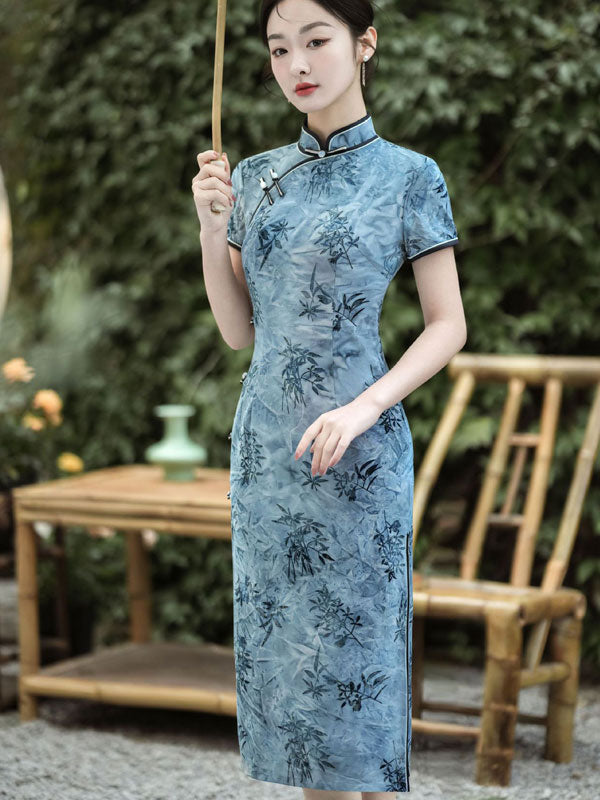 Blue Floral Print Midi Cheongsam Qipao Dress