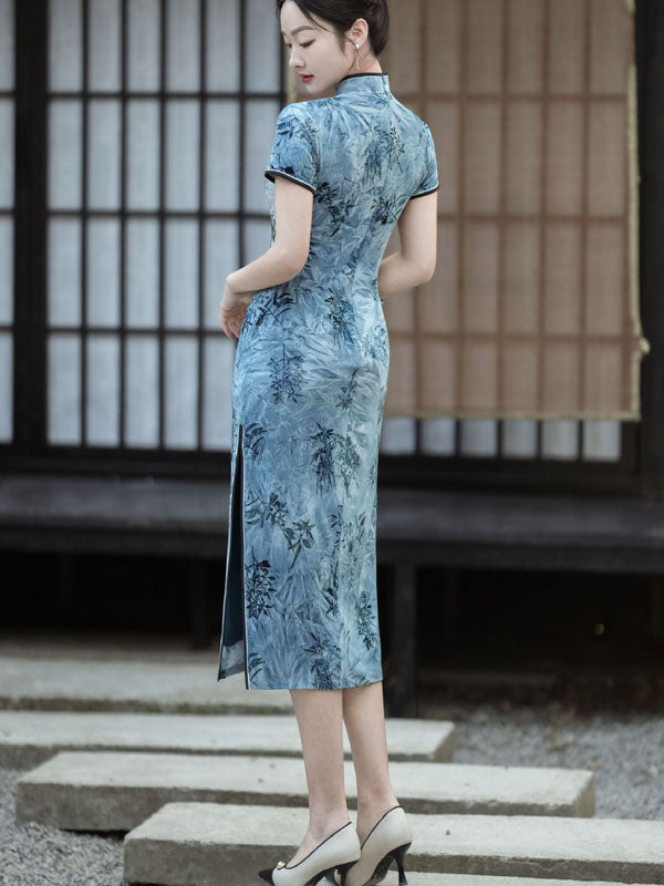 Blue Floral Print Midi Cheongsam Qipao Dress