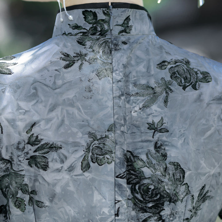 Gray Floral Print Midi Cheongsam Qipao Dress