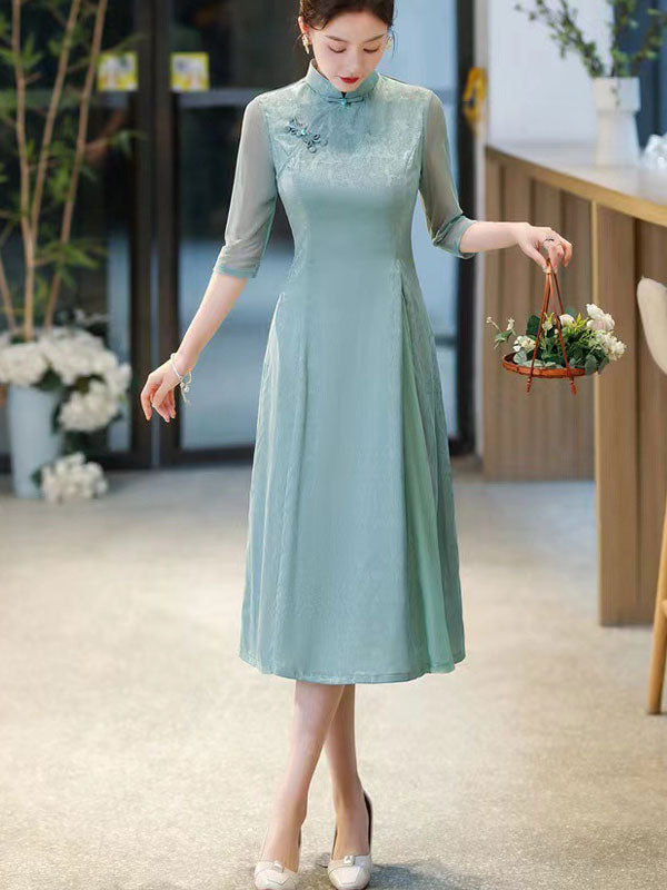 Green Blue Floral A-Line Mothers Aodai Cheongsam Dress