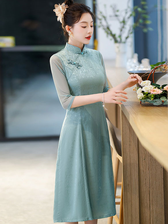 Green Blue Floral A-Line Mothers Aodai Cheongsam Dress