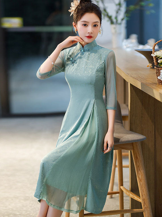 Green Blue Floral A-Line Mothers Aodai Cheongsam Dress