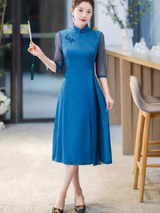 Green Blue Floral A-Line Mothers Aodai Cheongsam Dress