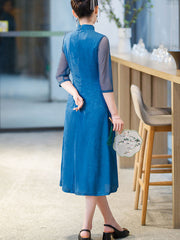 Green Blue Floral A-Line Mothers Aodai Cheongsam Dress