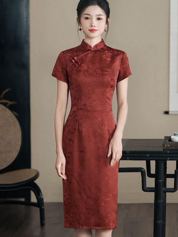 Brown Jacquard Mothers Silk Cheongsam Qipao Dress