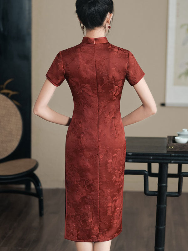 Brown Jacquard Mothers Silk Cheongsam Qipao Dress