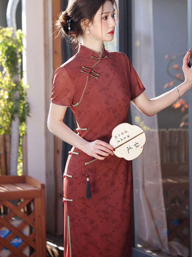 2025 Summer Red Floral Cheongsam Qipao Dress