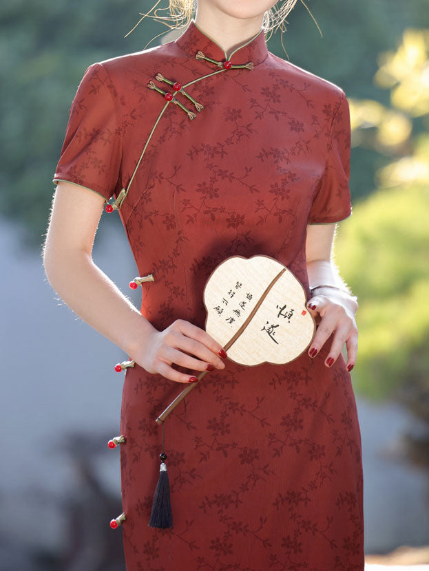 2025 Summer Red Floral Cheongsam Qipao Dress