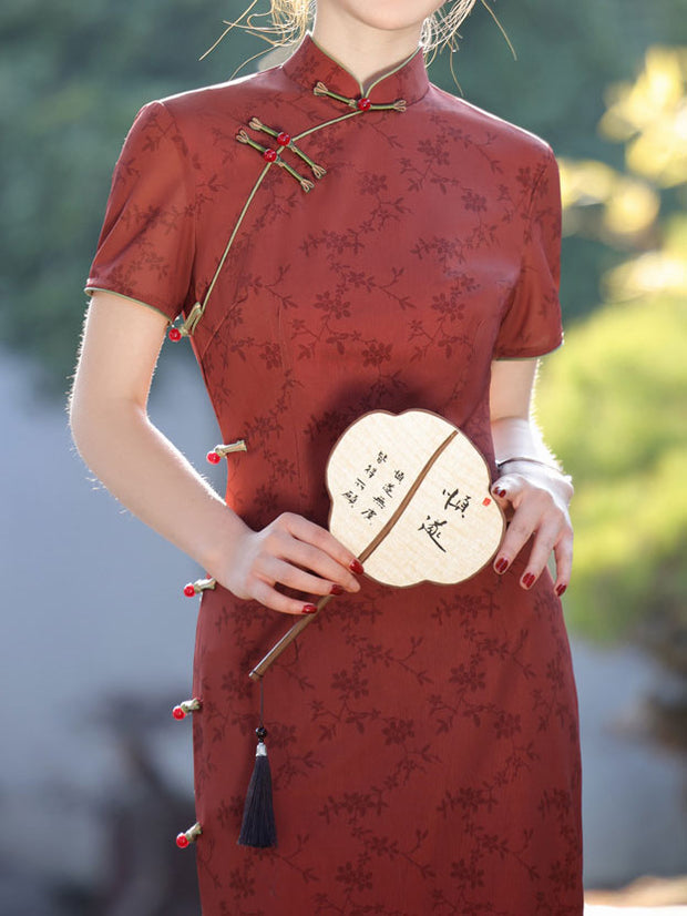 2025 Red Floral Maxi Cheongsam Qipao Dress