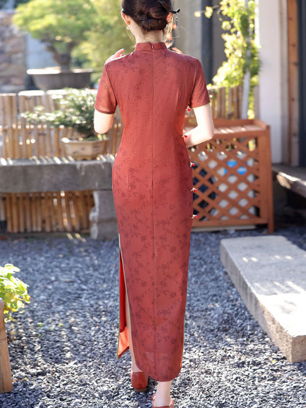 2025 Red Floral Maxi Cheongsam Qipao Dress