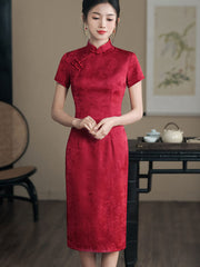 Brown Jacquard Mothers Silk Cheongsam Qipao Dress