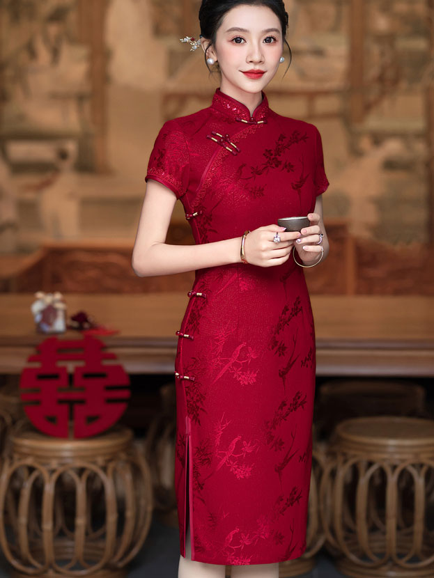 Red Jacquard Mothers Midi Cheongsam Qipao Dress