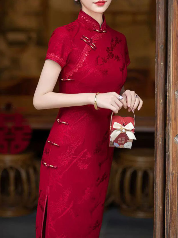 Red Jacquard Mothers Midi Cheongsam Qipao Dress