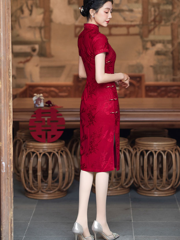 Red Jacquard Mothers Midi Cheongsam Qipao Dress
