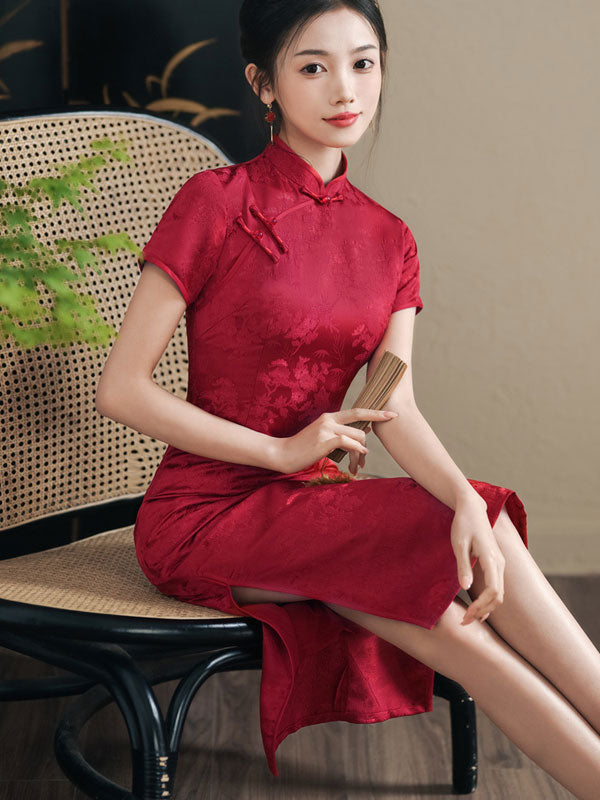 Brown Jacquard Mothers Silk Cheongsam Qipao Dress