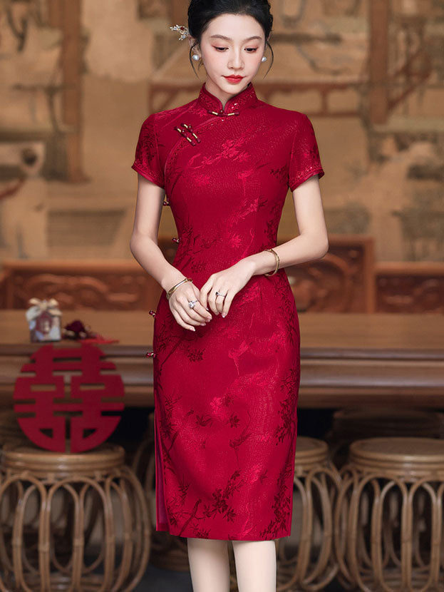 Red Jacquard Mothers Midi Cheongsam Qipao Dress