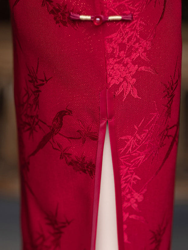 Red Jacquard Mothers Midi Cheongsam Qipao Dress
