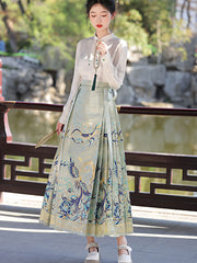 Two Pieces Blue Printed Horse Face Skirt Shirt Hanfu Dress