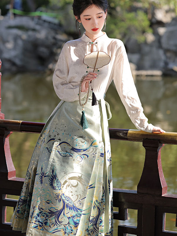 Two Pieces Blue Printed Horse Face Skirt Shirt Hanfu Dress