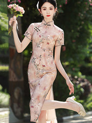 Pink Green Floral Print Cheongsam Qipao Dress