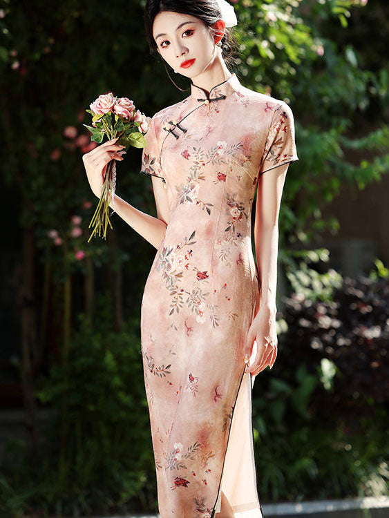 Pink Green Floral Print Cheongsam Qipao Dress