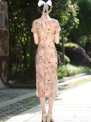 Pink Green Floral Print Cheongsam Qipao Dress