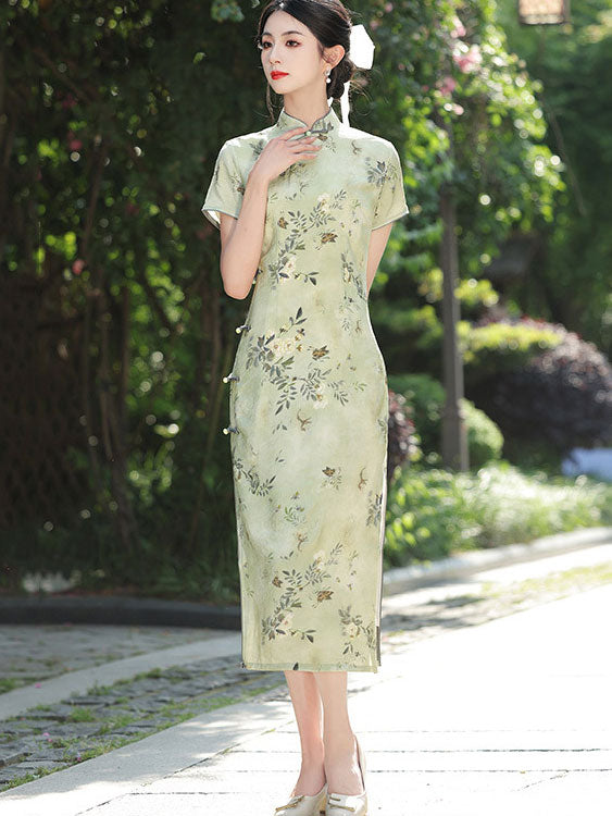 Pink Green Floral Print Cheongsam Qipao Dress