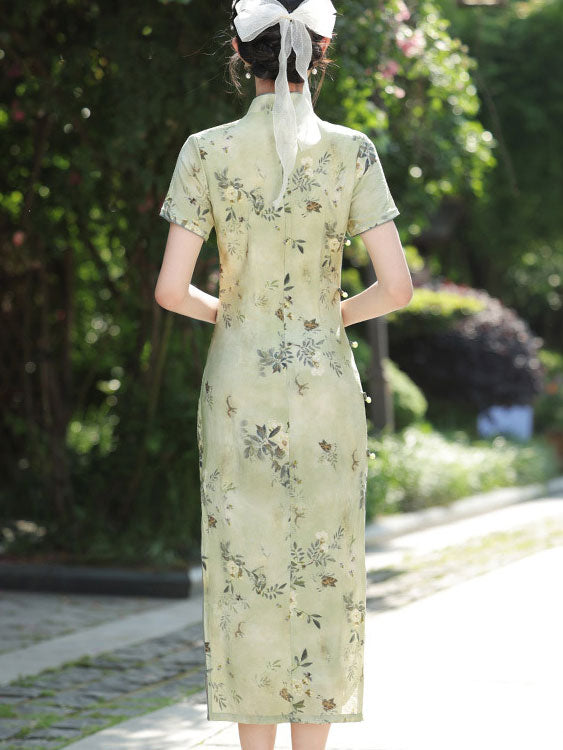 Pink Green Floral Print Cheongsam Qipao Dress