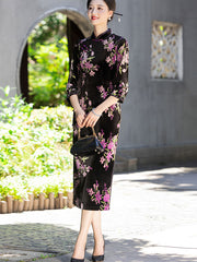 Floral Print Velvet Mothers Winter Cheongsam Qipao Dress