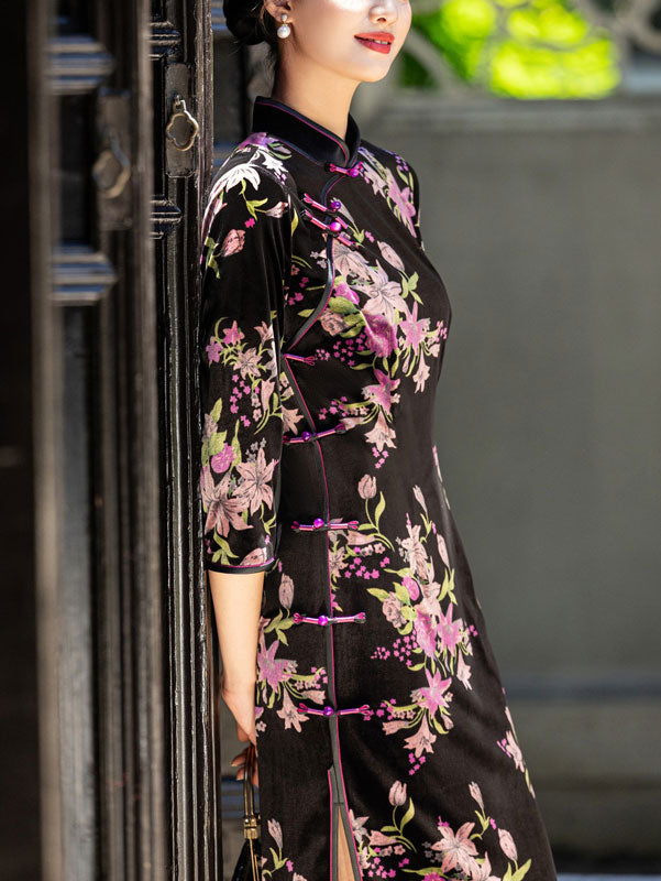 Floral Print Velvet Mothers Winter Cheongsam Qipao Dress