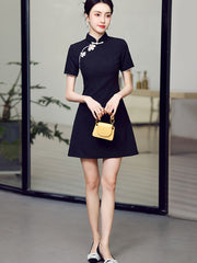 Black Pink Jacquard Hole Cheongsam Qipao Dress