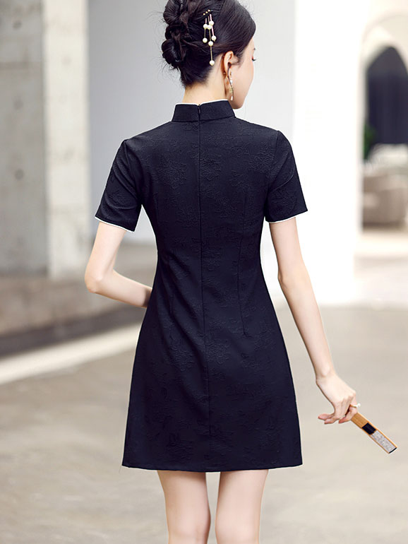 Black Pink Jacquard Hole Cheongsam Qipao Dress