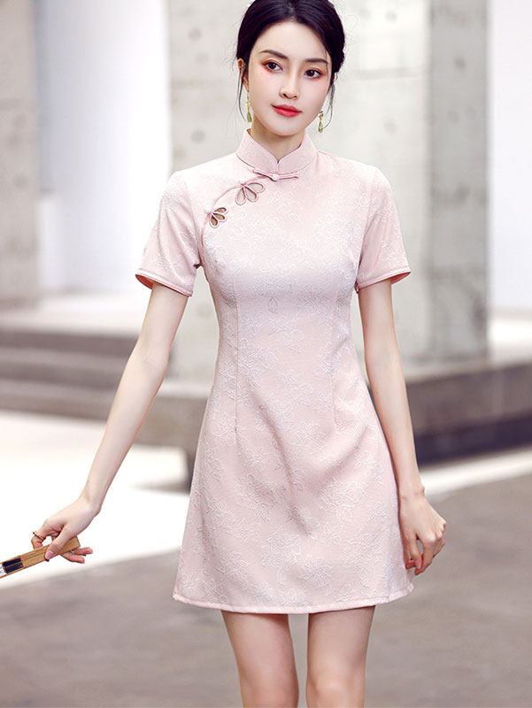 Black Pink Jacquard Hole Cheongsam Qipao Dress