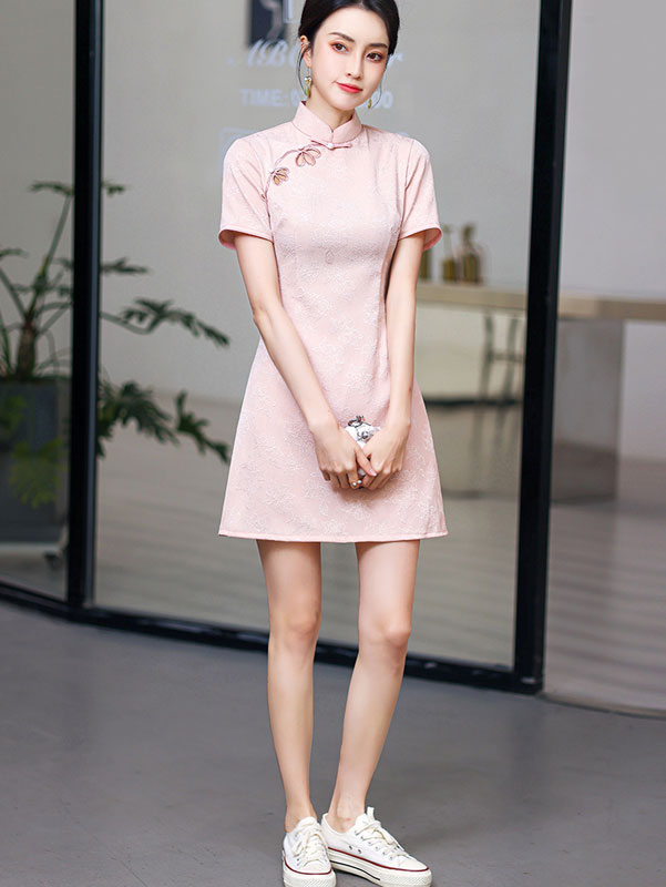 Black Pink Jacquard Hole Cheongsam Qipao Dress