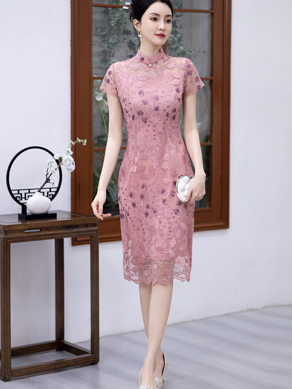 Pink Floral Lace Mothers Midi Cheongsam Qipao Dress