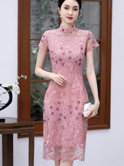 Pink Floral Lace Mothers Midi Cheongsam Qipao Dress