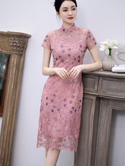 Pink Floral Lace Mothers Midi Cheongsam Qipao Dress