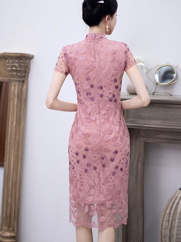 Pink Floral Lace Mothers Midi Cheongsam Qipao Dress