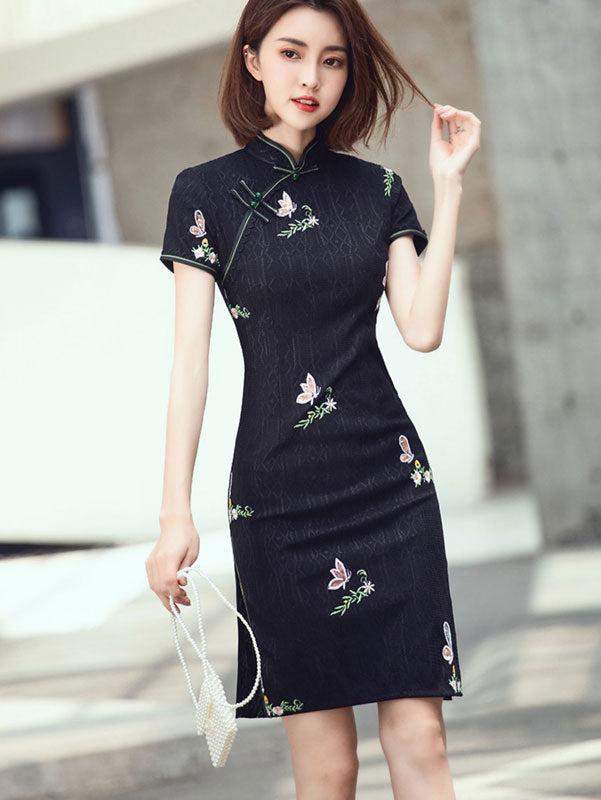 Black Floral Embroidered Qipao Cheongsam Dress